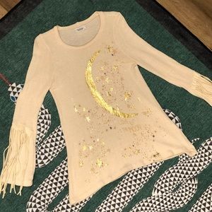 Lauren Moshi Love by the Moon Fringed Sweater, Size Small